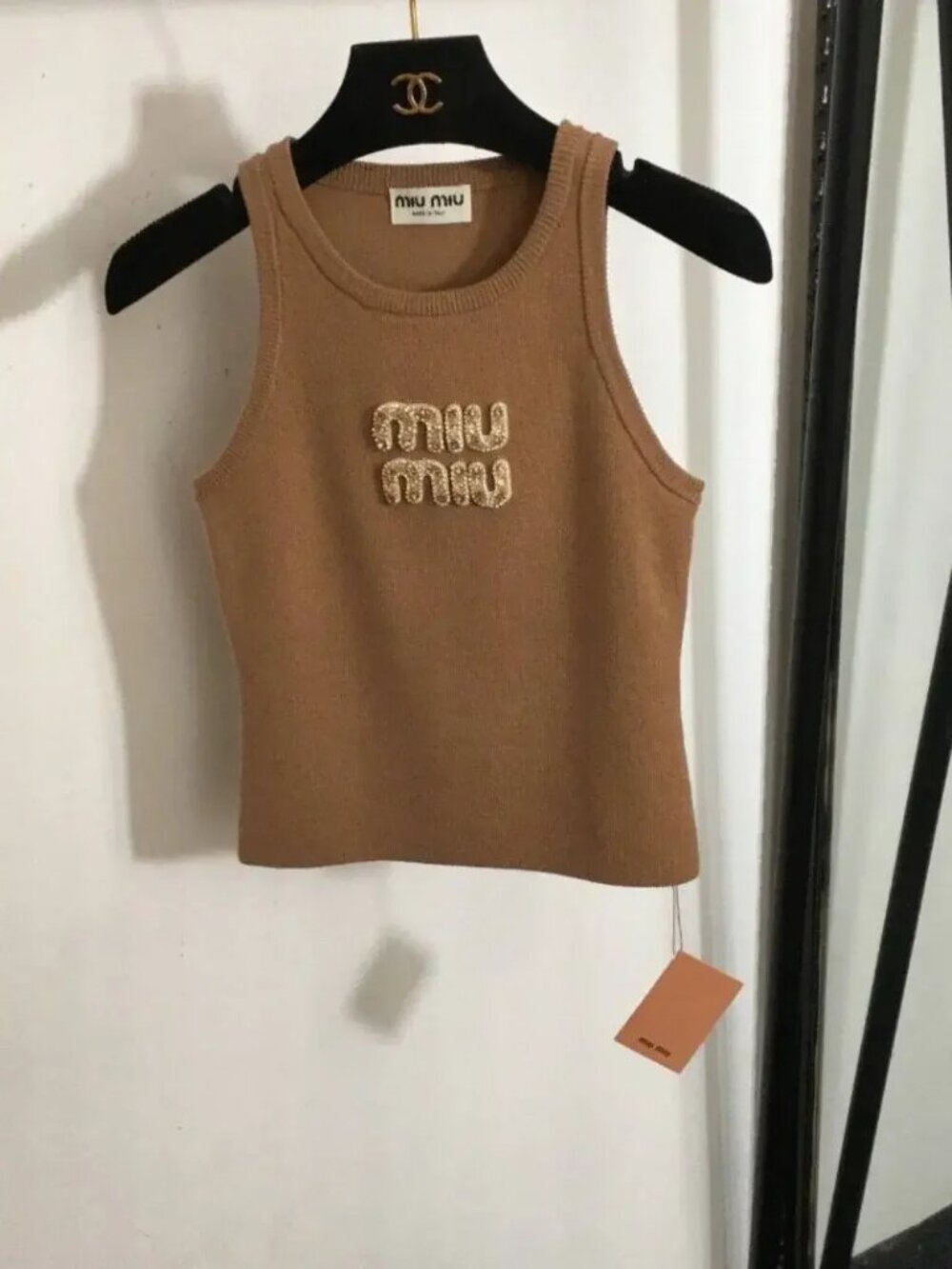 Miu Miu Caramel Brown Ribbed Knit Crop Tank Top
